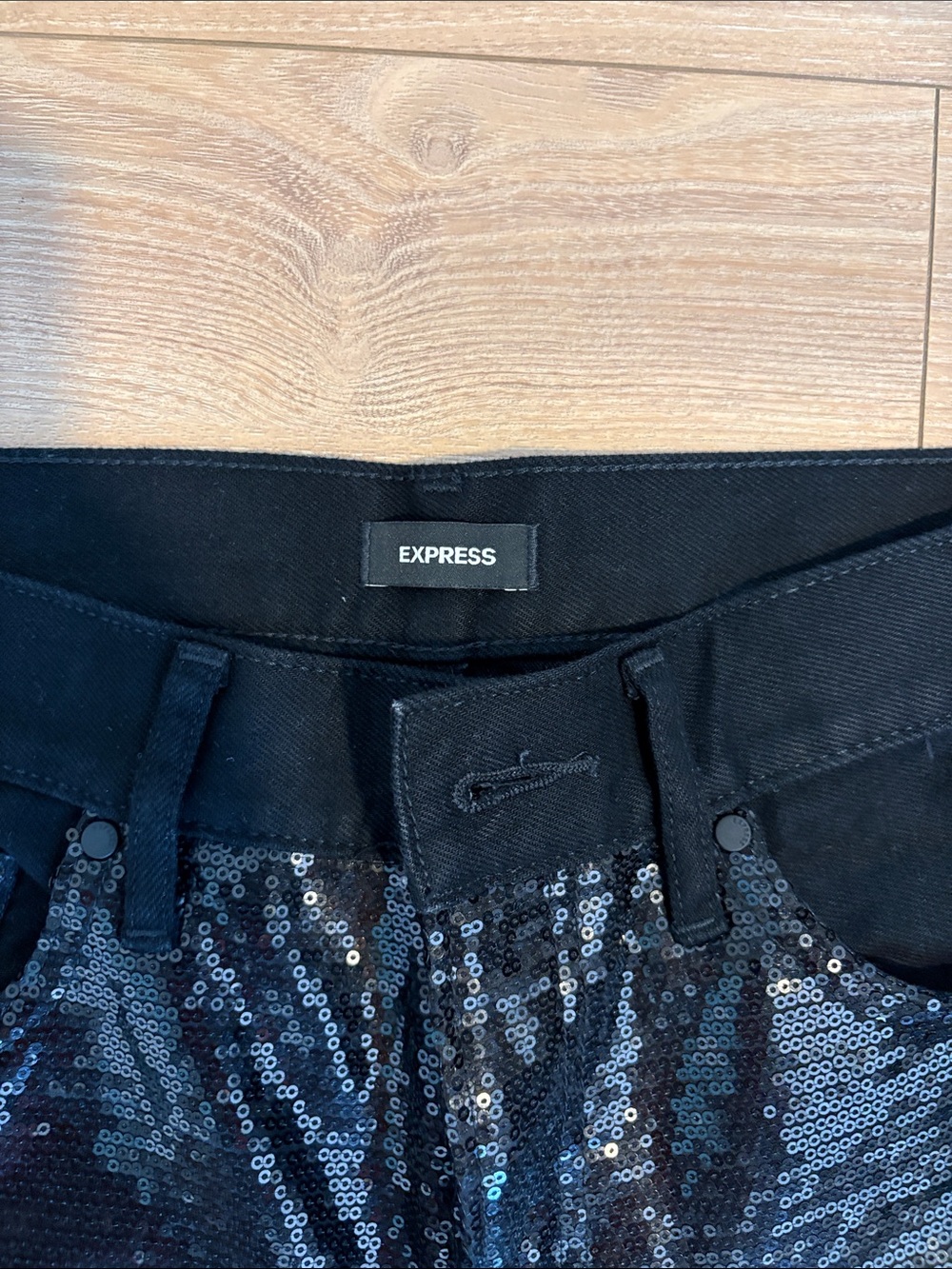 Express Black Sequin Distressed Jeans - Picture 2 of 4